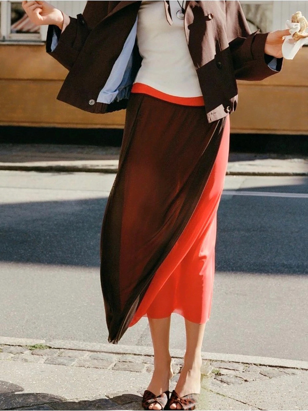 Color Block Sheer Midi Skirt in Brown & Red